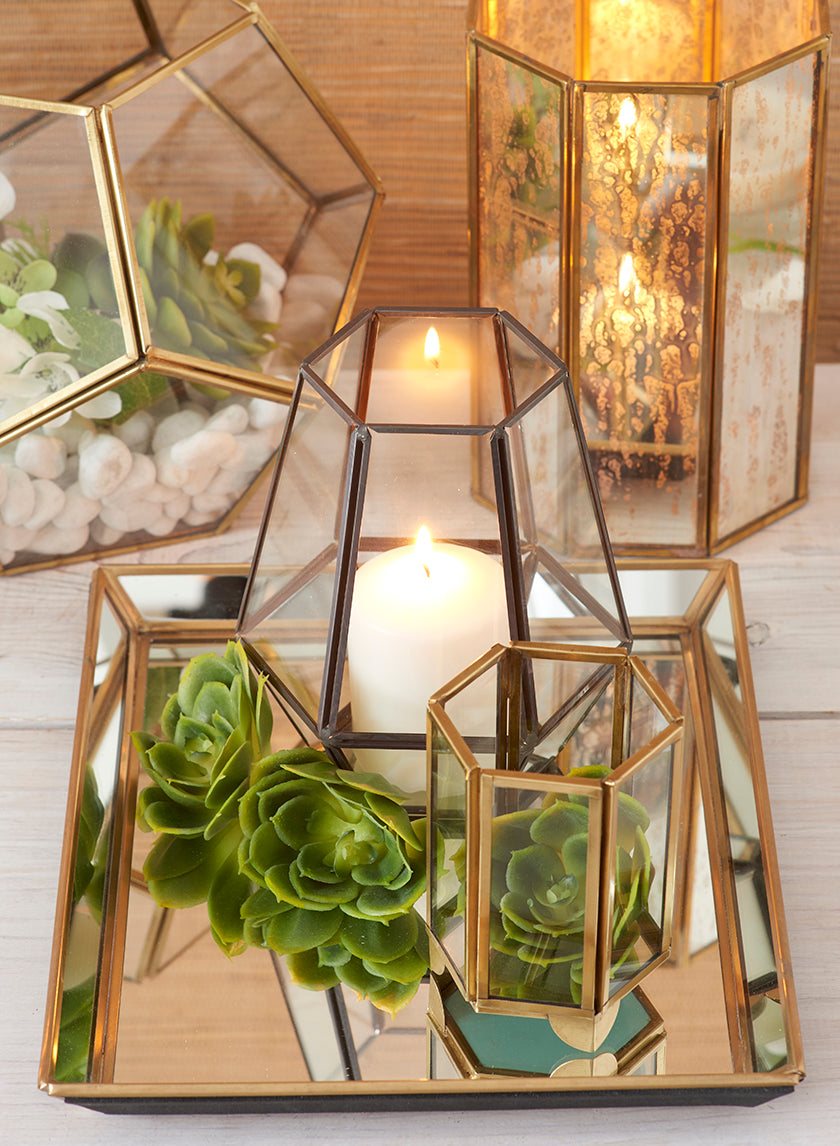 4in Gold Hexagon Glass Tea Light Holder