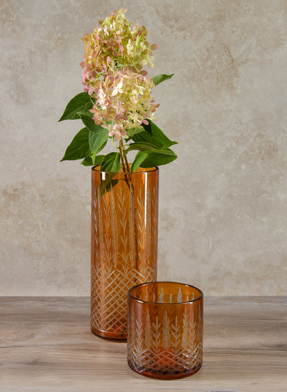 10in Tall Almira Palm Amber Cut Work Cylinder Vase