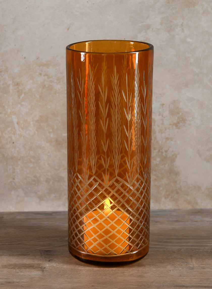 10in Tall Almira Palm Amber Cut Work Cylinder Vase