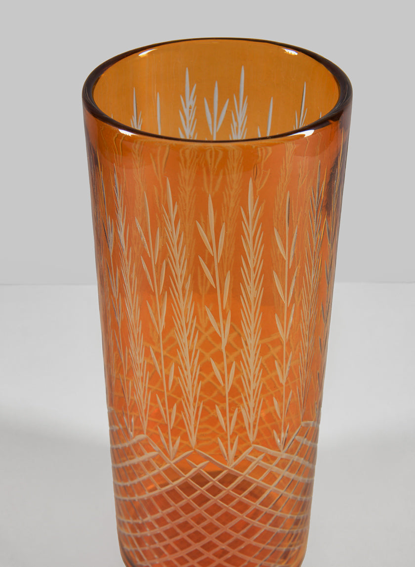 10in Tall Almira Palm Amber Cut Work Cylinder Vase