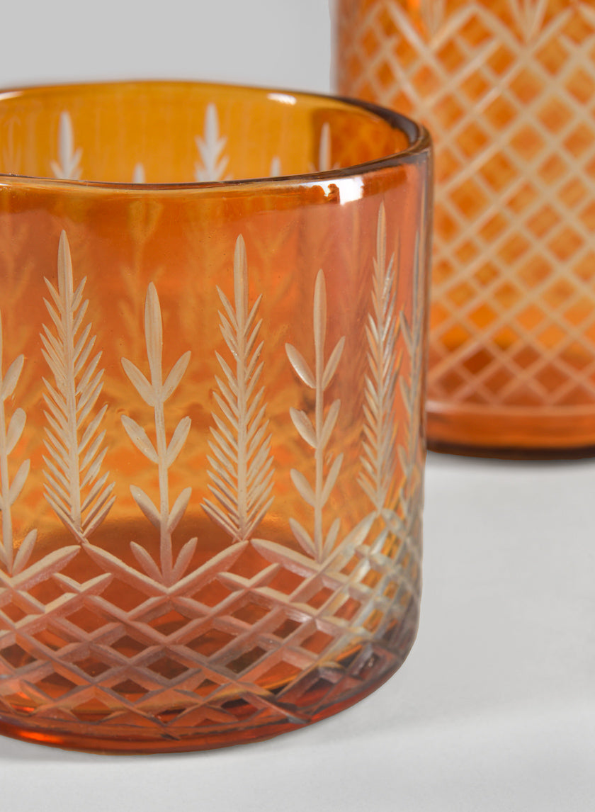 4in Tall Almira Palm Amber Cut Work Cylinder Candleholder