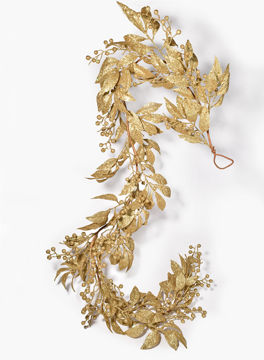 6ft Gold Glitter Leaf &amp; Berry Garland