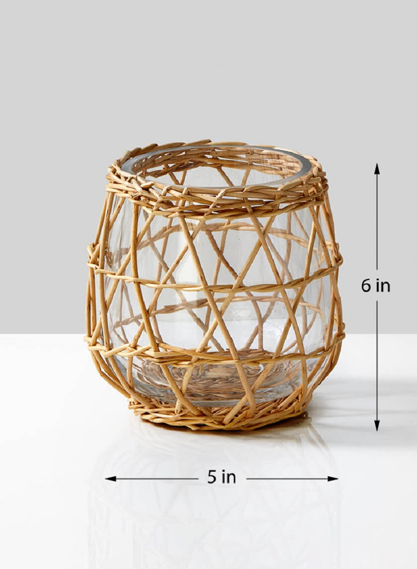 6in Hanoi Market Wicker &amp; Glass Candleholder