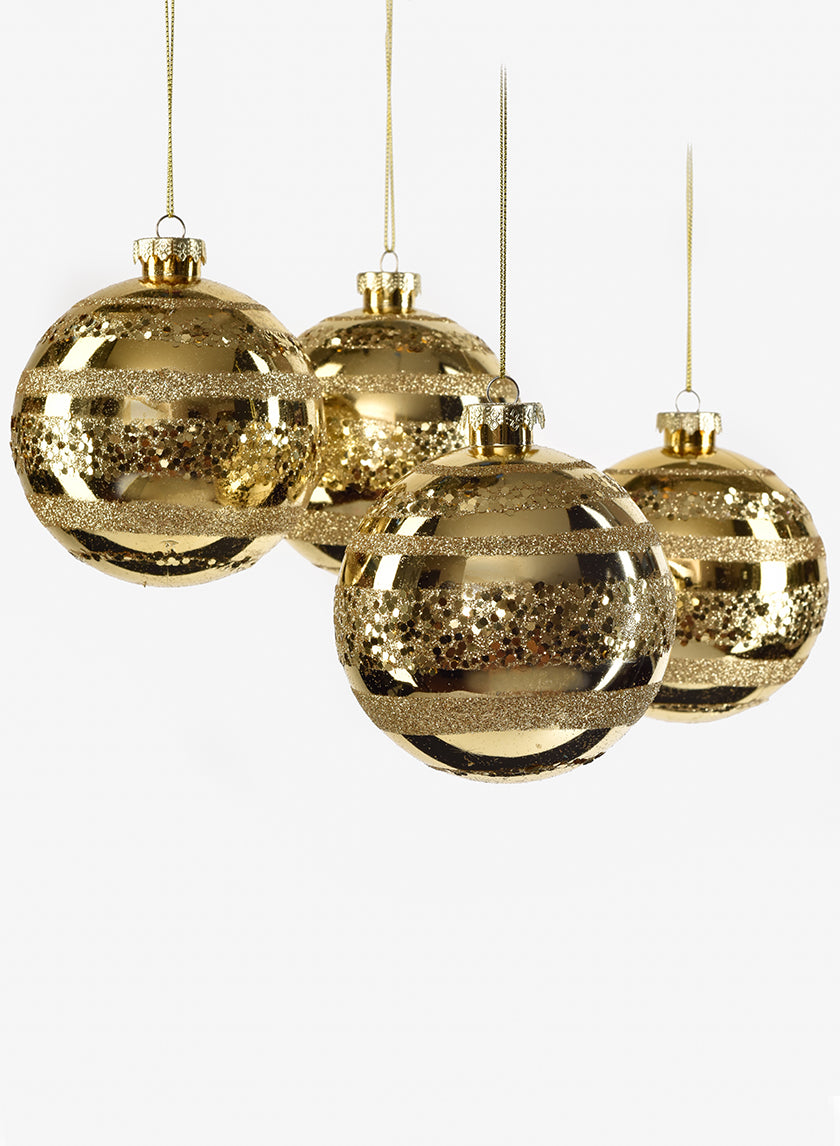 4in Shiny Gold With Glitter Stripes Ornament Ball