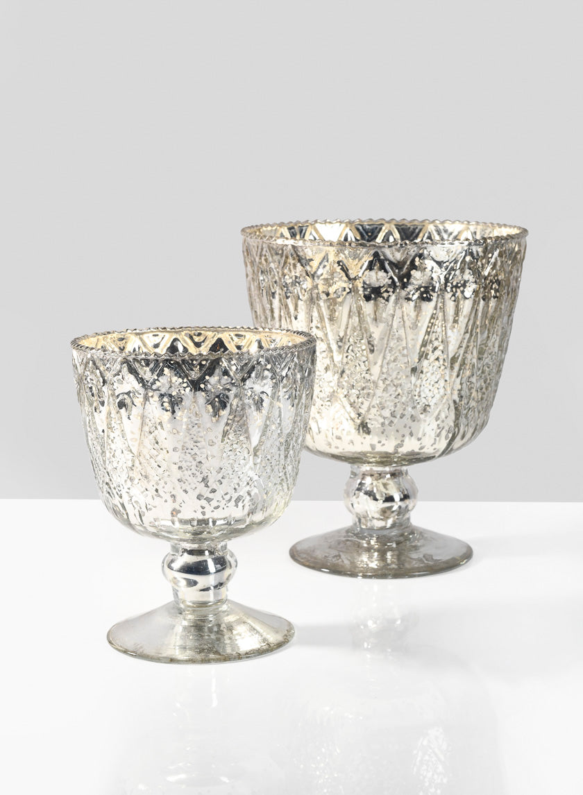 7in &amp; 9in Patterned Silver Mercury Glass Coupes