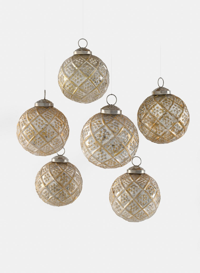 3in Antique White With Gold Glass Ornaments