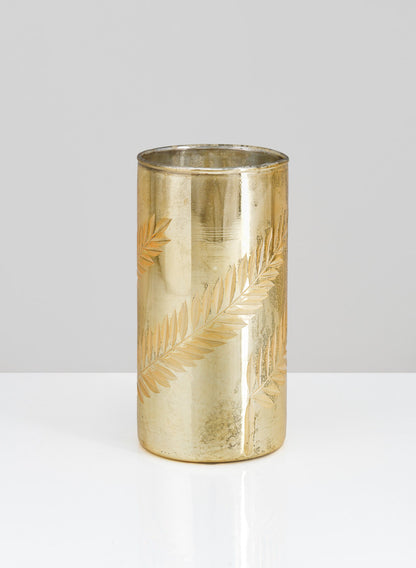 5  1/2in Palm Etched Gold Mercury Glass Cylinder