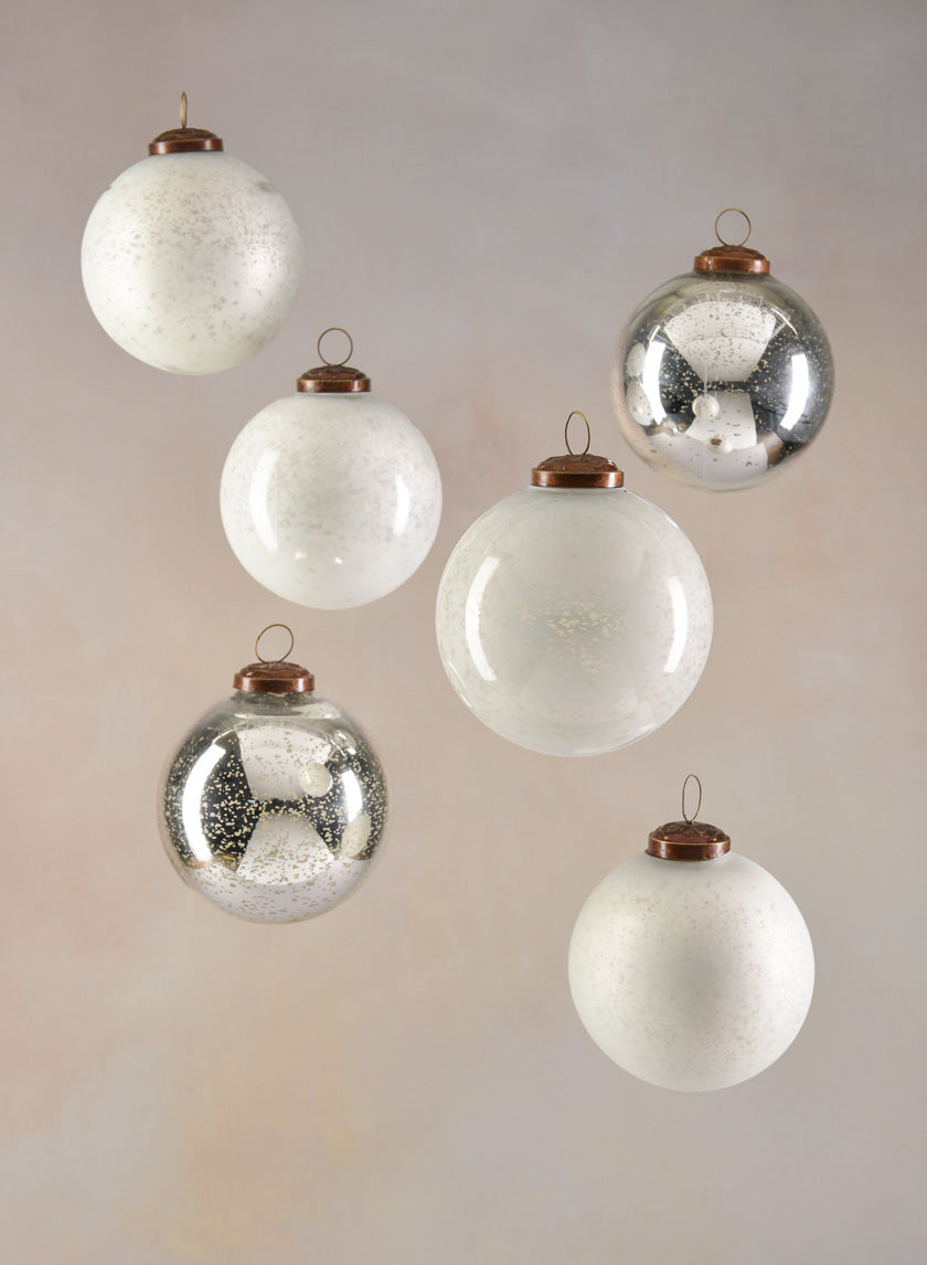 4in White &amp; Silver Vintage Glass Ornaments