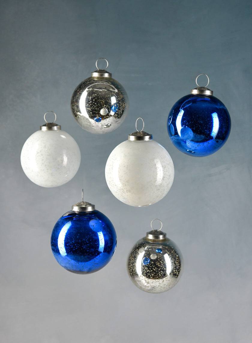 3in White Silver &amp; Blue Ornament Balls with Silver Hook