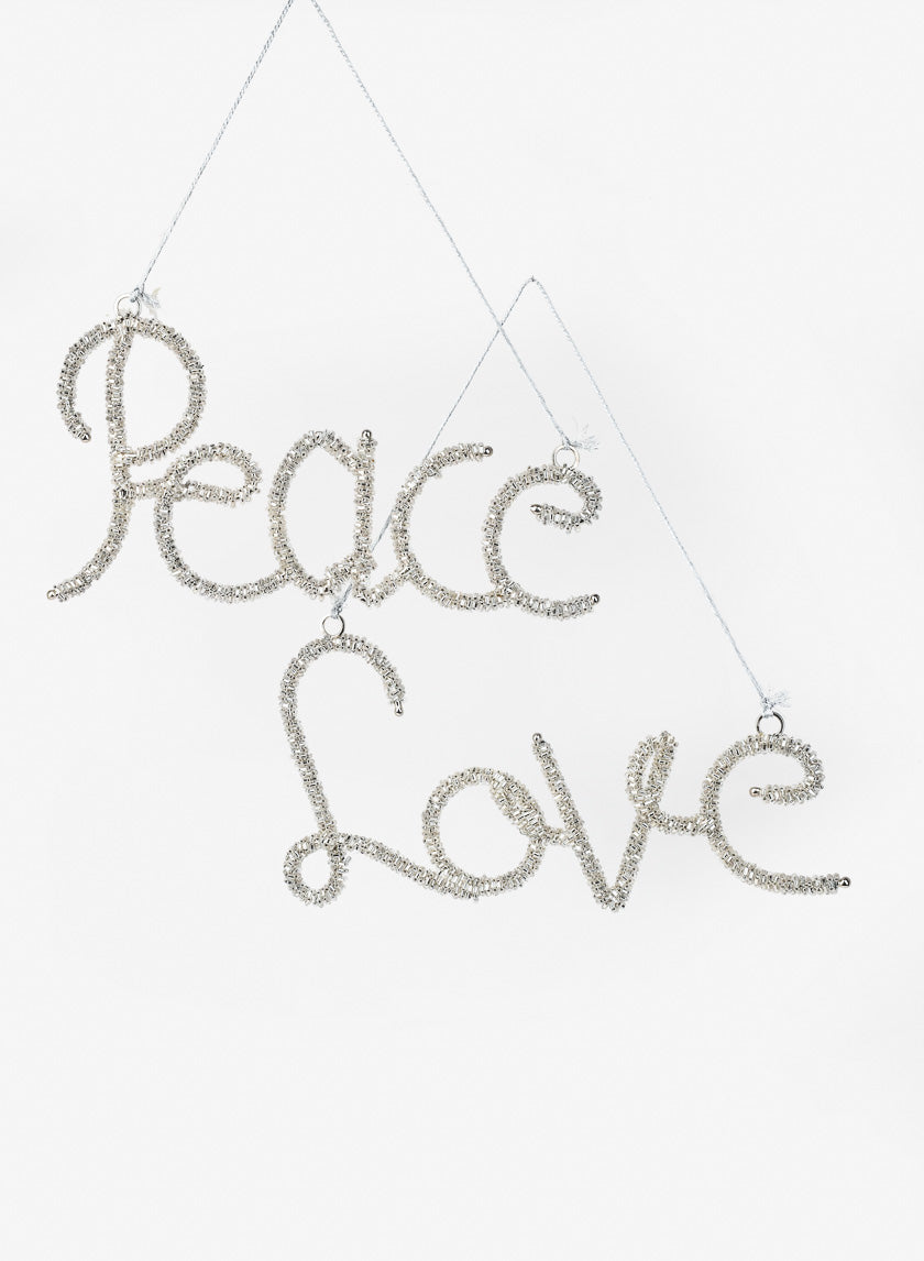 8in Silver Beaded Love and Peace Ornament