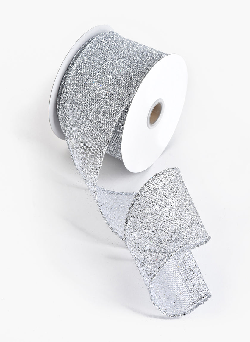 2 1/2in White &amp; Silver Laser Glitter Grid Ribbon