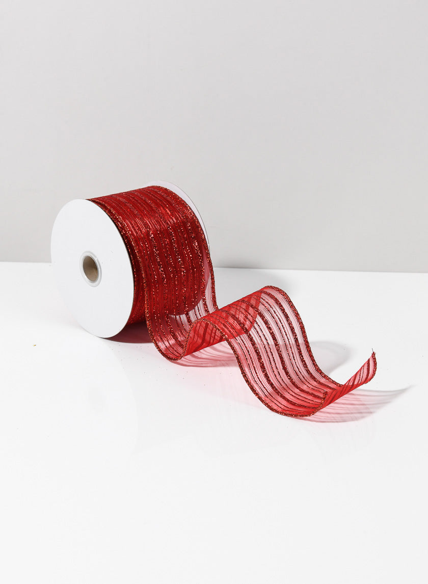 2  1/2in x 10yds Roll Ribbon -Sheer W/ Red Glitter Stripe