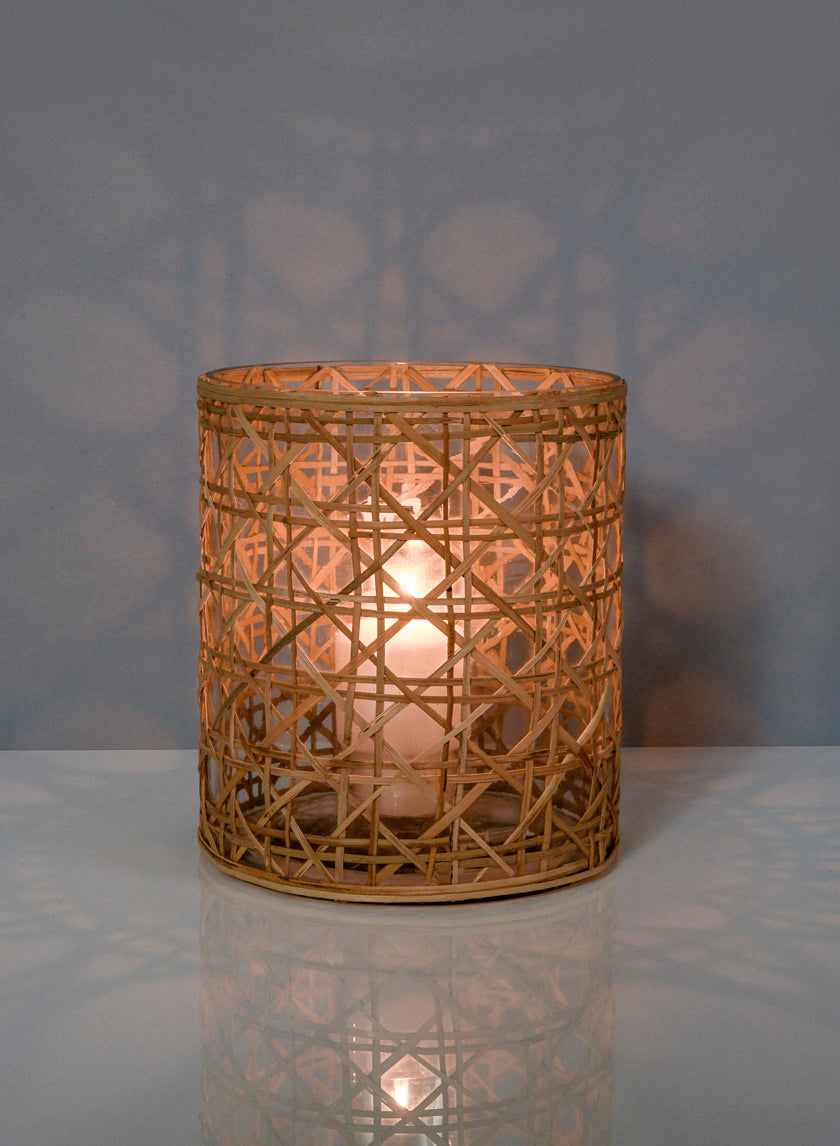 6 x 7in Saigon Cane Wrapped Glass Candle Hurricane