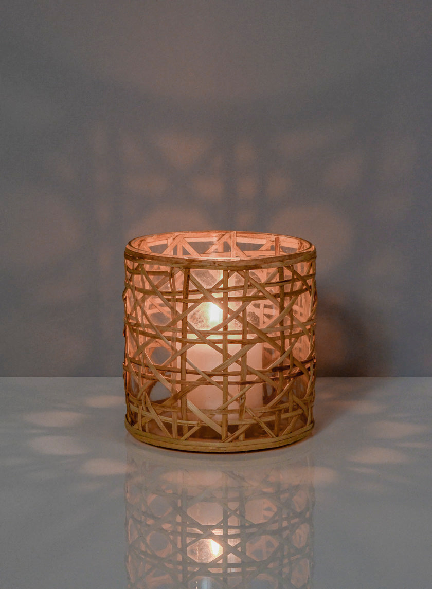 4 3/4 x 4  1/2in Saigon Cane Wrapped Glass Tea Light Holder