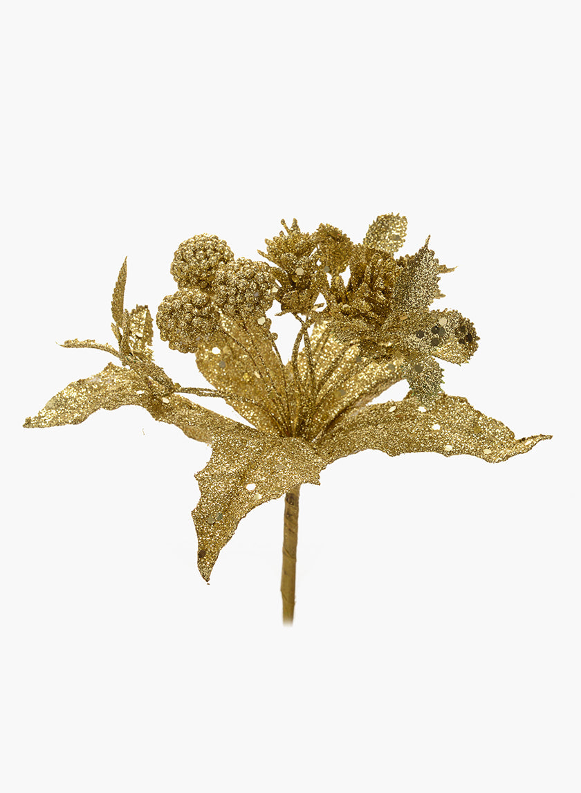 Gold Glitter Flower Pick, 7in