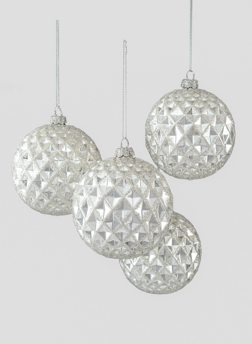 4in Glitter Silver Vine Glass Ball Ornament