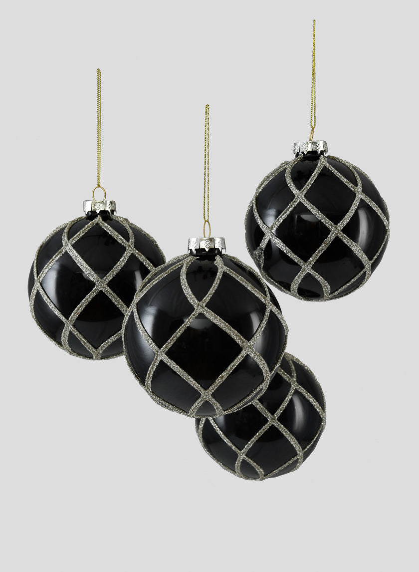 4in Glitter Swirl Shiny Black Glass Ornament Ball