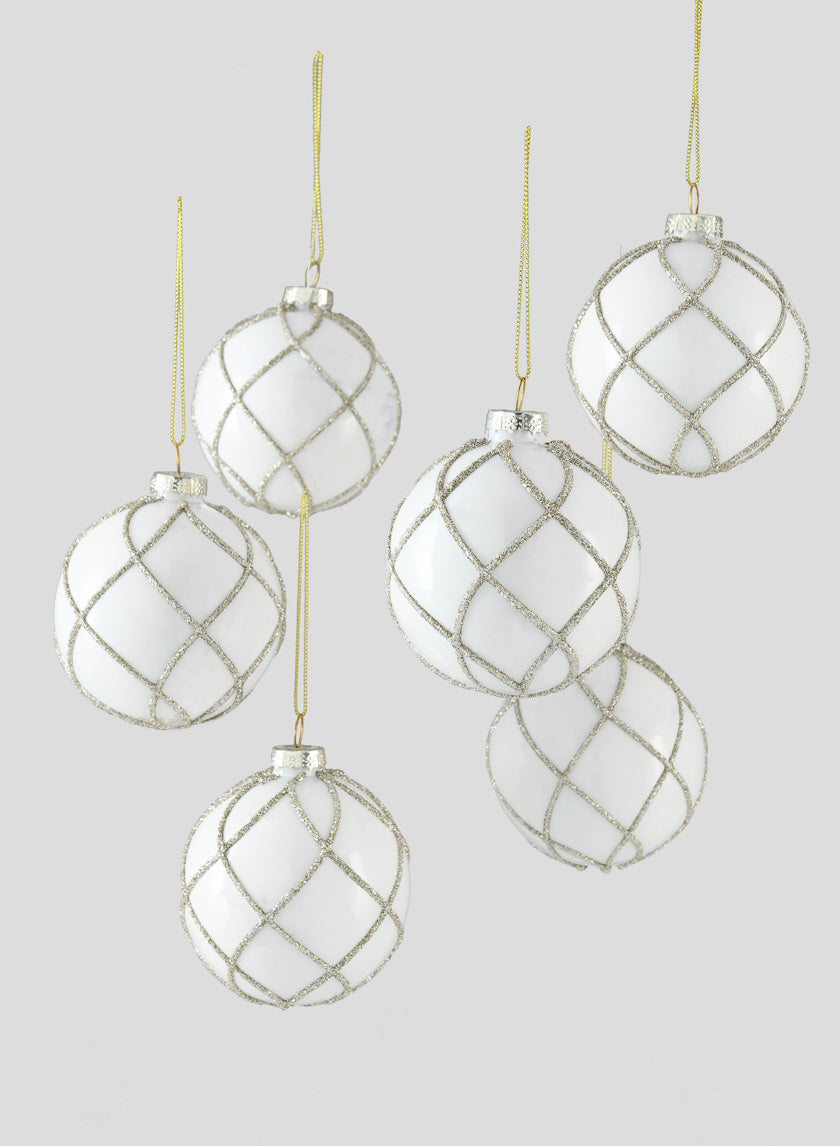 3in Glitter Swirl White Glass Ornament Ball