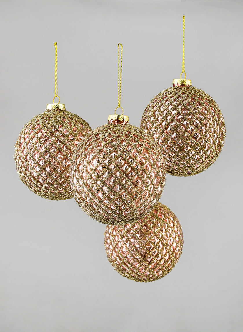 4in Glittered Rose Gold Hobnail Glass Ornament Ball