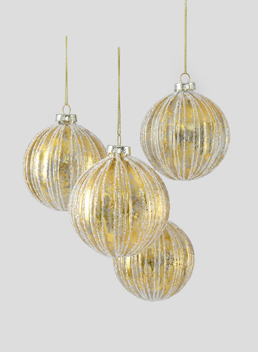 4in Gold Foil &amp; Glitter Stripe Glass Ornament Ball