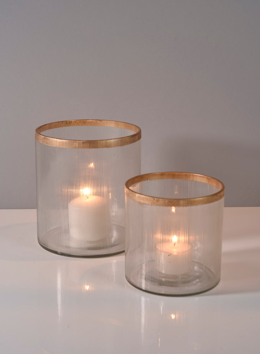 5 1/2 x 5in Gold Rim Ribbed Glass Candle Hurricane