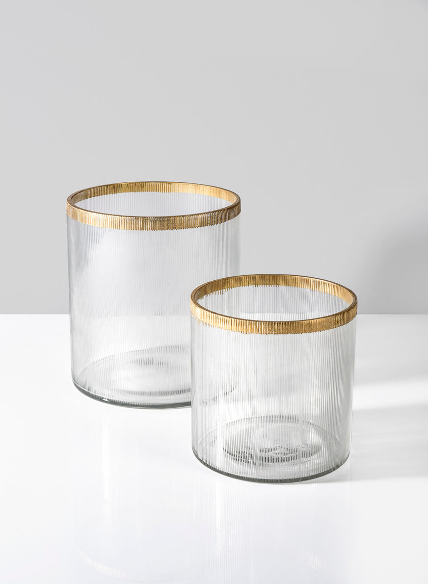 5 1/2 x 5in Gold Rim Ribbed Glass Candle Hurricane