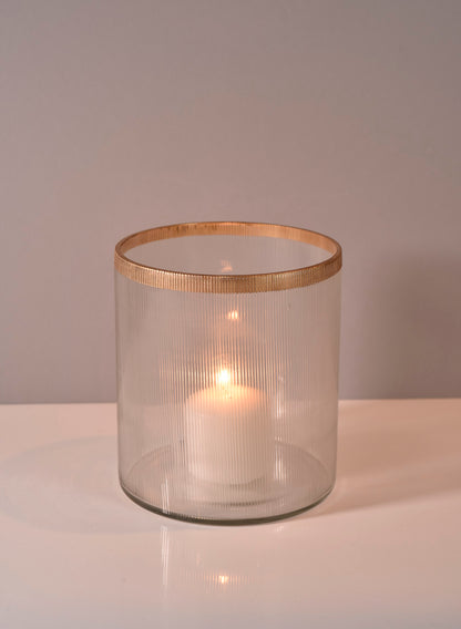 5 1/2 x 5in Gold Rim Ribbed Glass Candle Hurricane