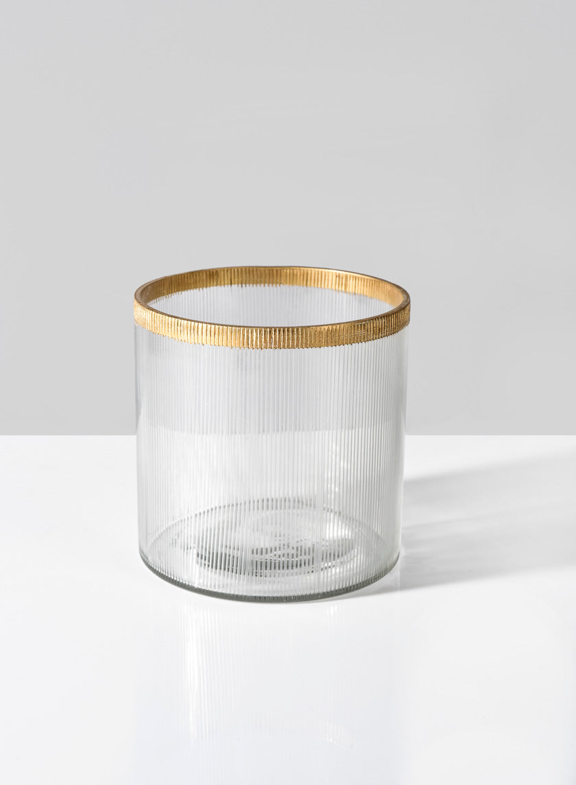 Gold Rim Ribbed Glass Tea Light Holder, 4 1/4 x 4  1/2in