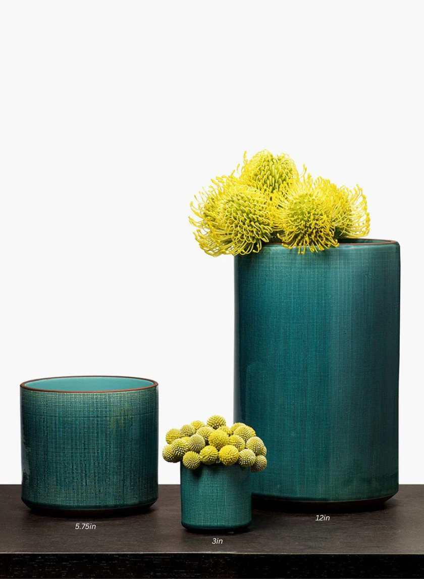 5.75in High Teal Linen Ceramic Cylinder Vase