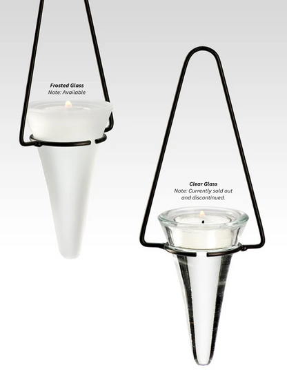 8.5in Tall Hanging Clear &amp; Frost Glass Cone Tea Light Holders