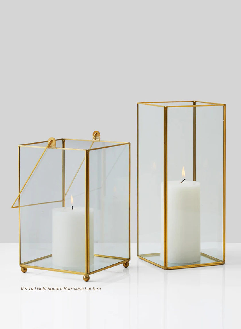 9in Tall Gold Square Hurricane Lantern