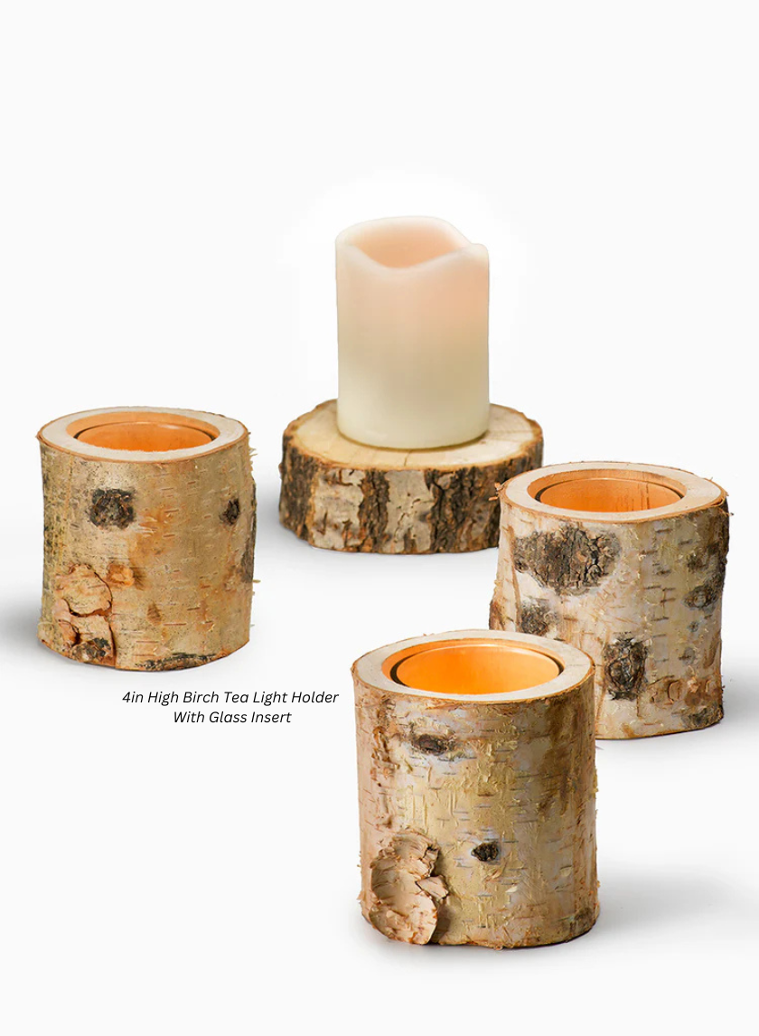 4in High Birch Tea Light Holder With Glass Insert