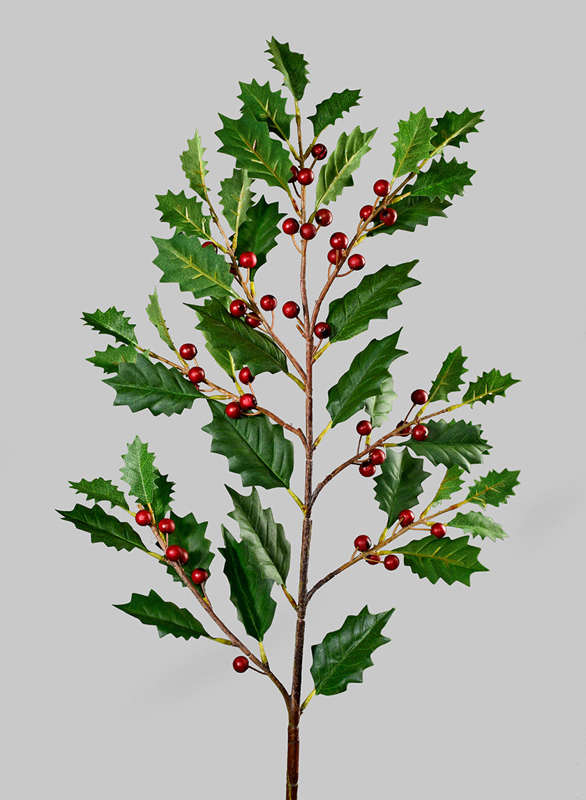 35in Holly Leaves &amp; Red Berries Branch