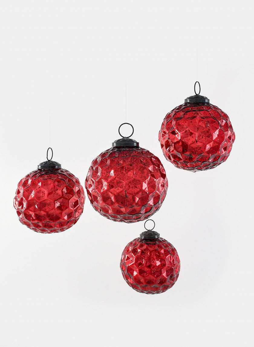 4in Red Diamond Dimple Glass Ball Ornament