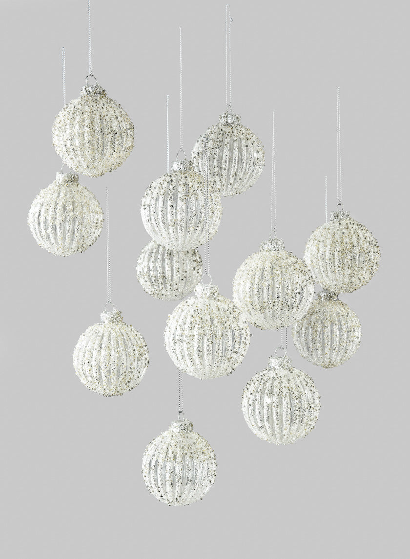 Silver Glitter Ribbed Glass Ornament