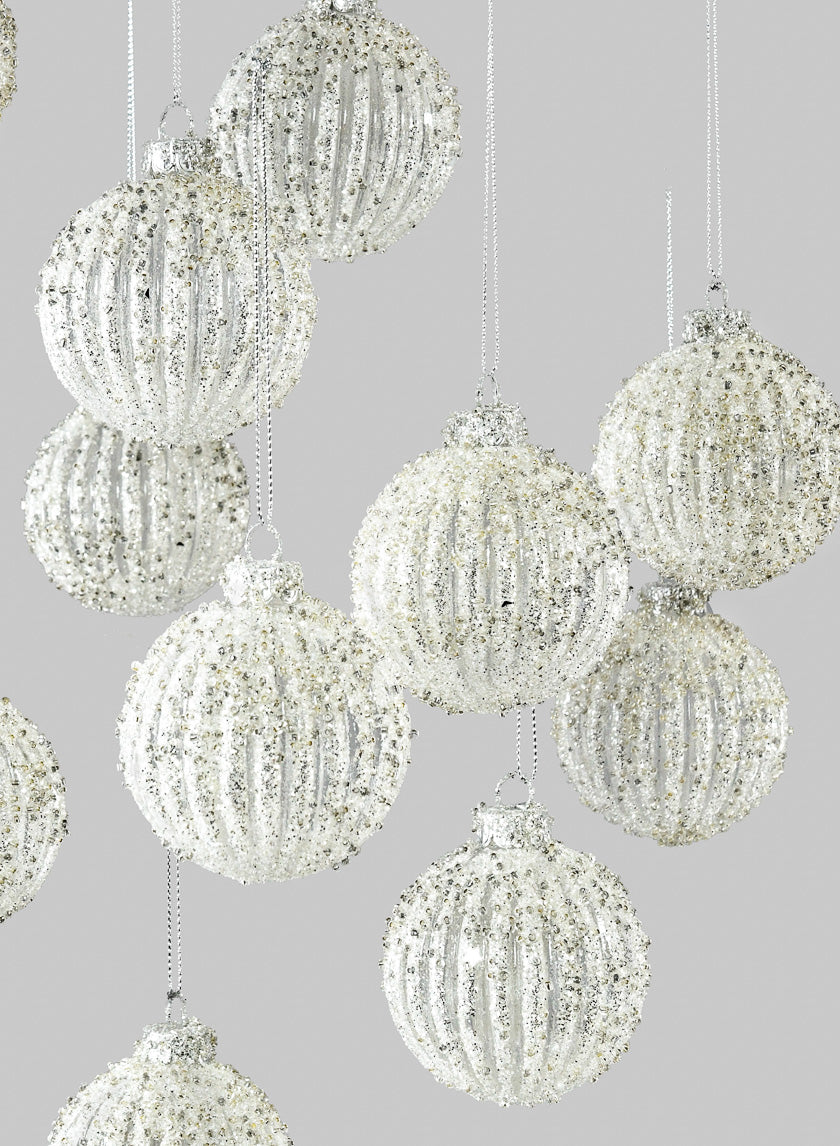 Silver Glitter Ribbed Glass Ornament