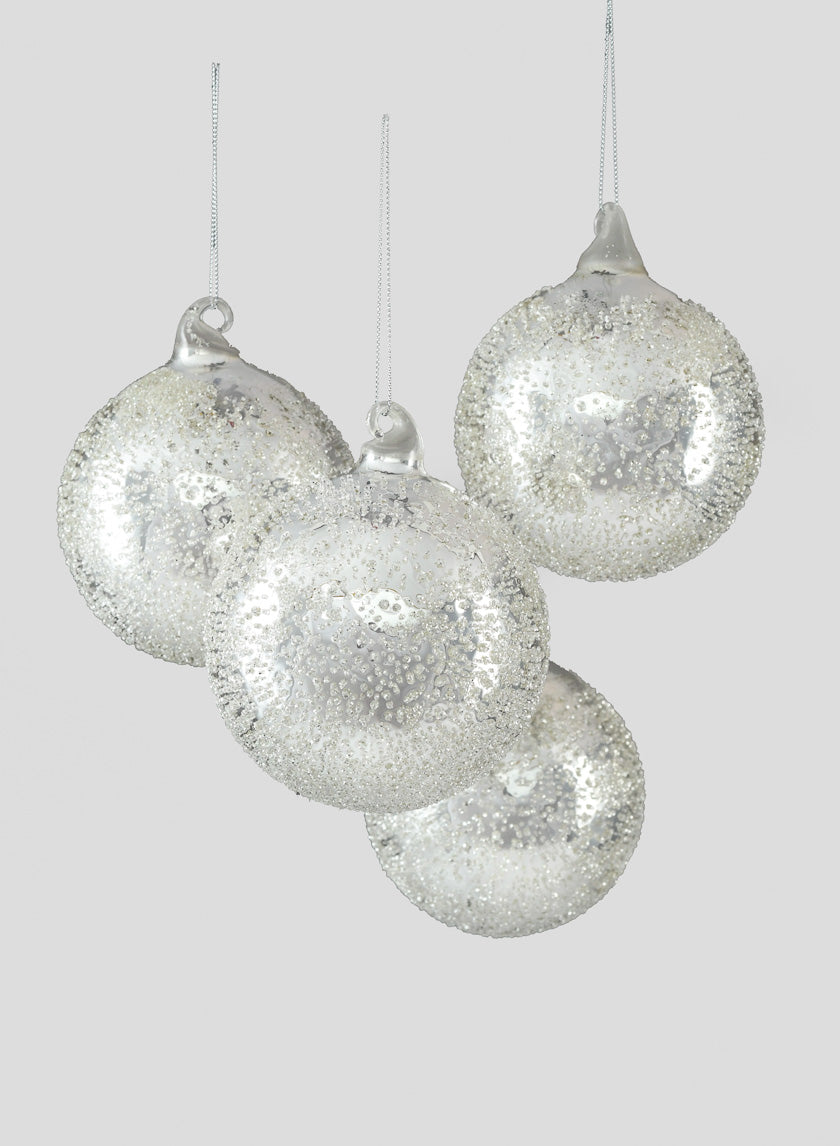 4in Sugared Silver Glass Ball Ornament