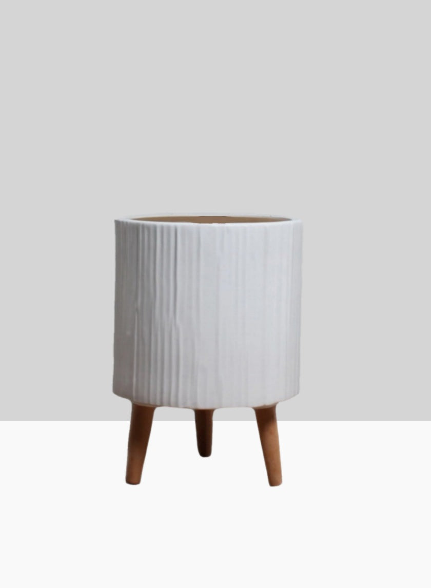 15  3/4in Ripple Matte White Ceramic Planter With Wood Legs