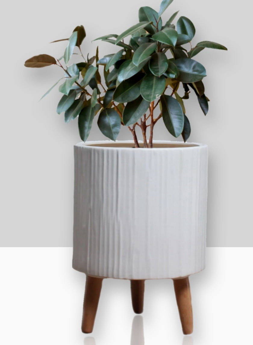 15  3/4in Ripple Matte White Ceramic Planter With Wood Legs