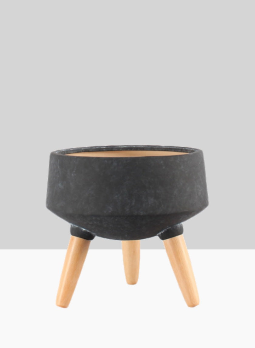 10  1/4in Breakers Black Ceramic Planter With Beech Wood Legs