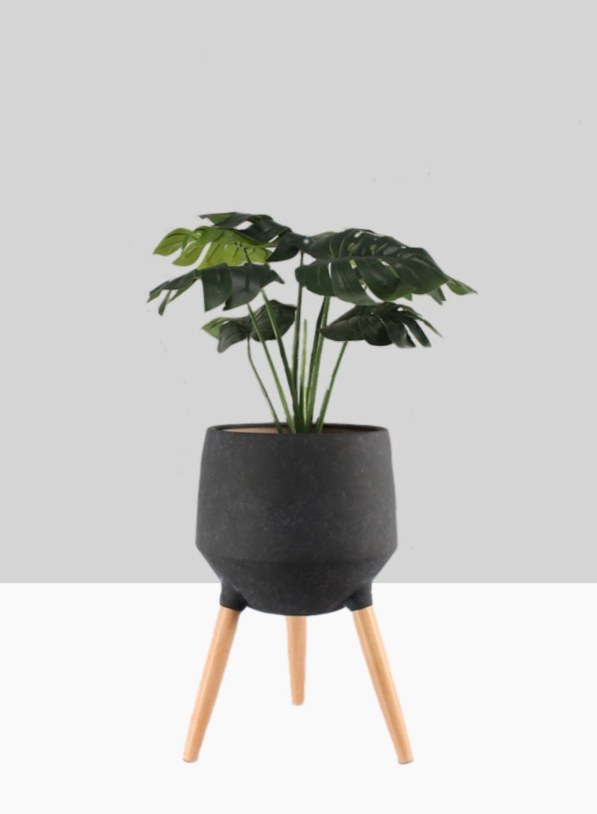 20  1/2n Breakers Black Ceramic Planter With Beech Wood Legs