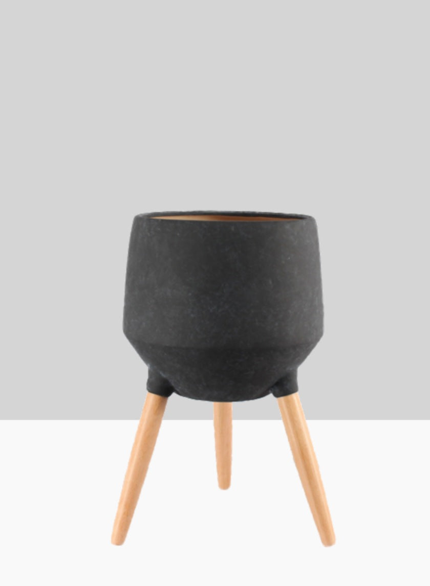 20  1/2n Breakers Black Ceramic Planter With Beech Wood Legs