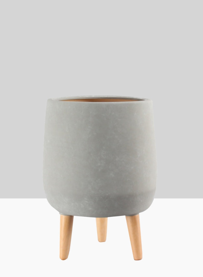 16  1/2in Breakers Grey Ceramic Planter With Wood Legs