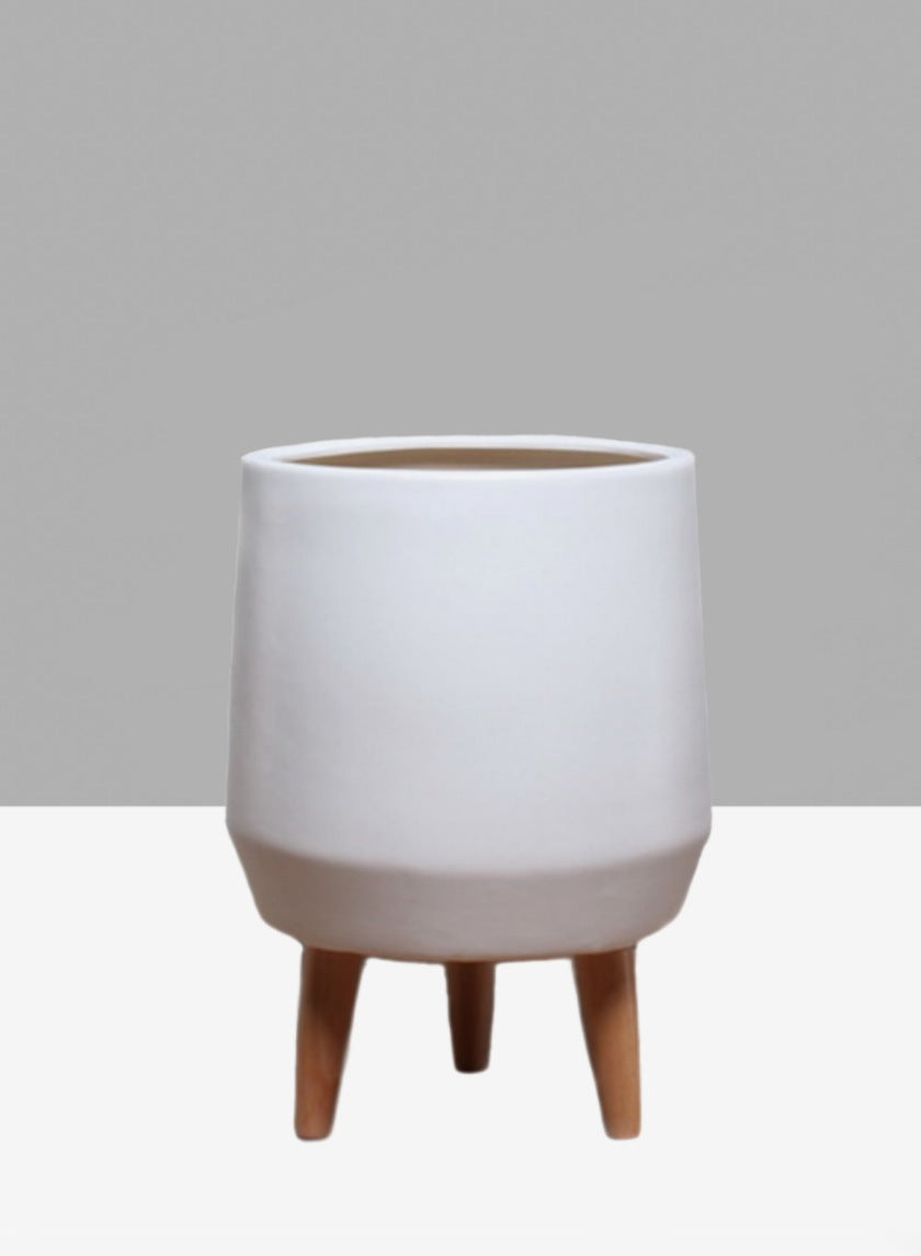 16  1/2in Breakers Matte White Ceramic Planter With Wood Legs