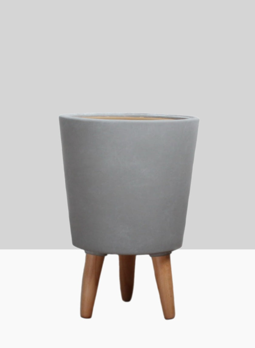 14  1/2in Vaso Grey Ceramic Pot With Wood Legs