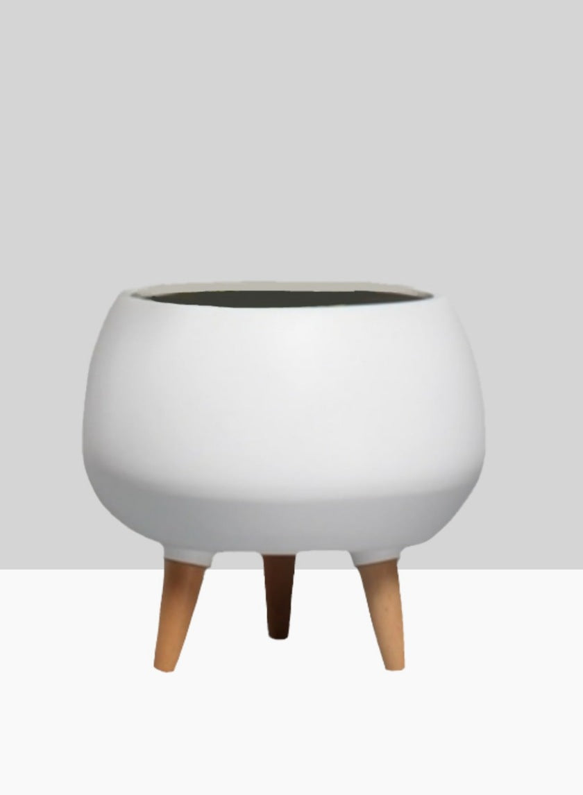 9  1/2in Breakers Matte White Ceramic Planter With Wood Legs