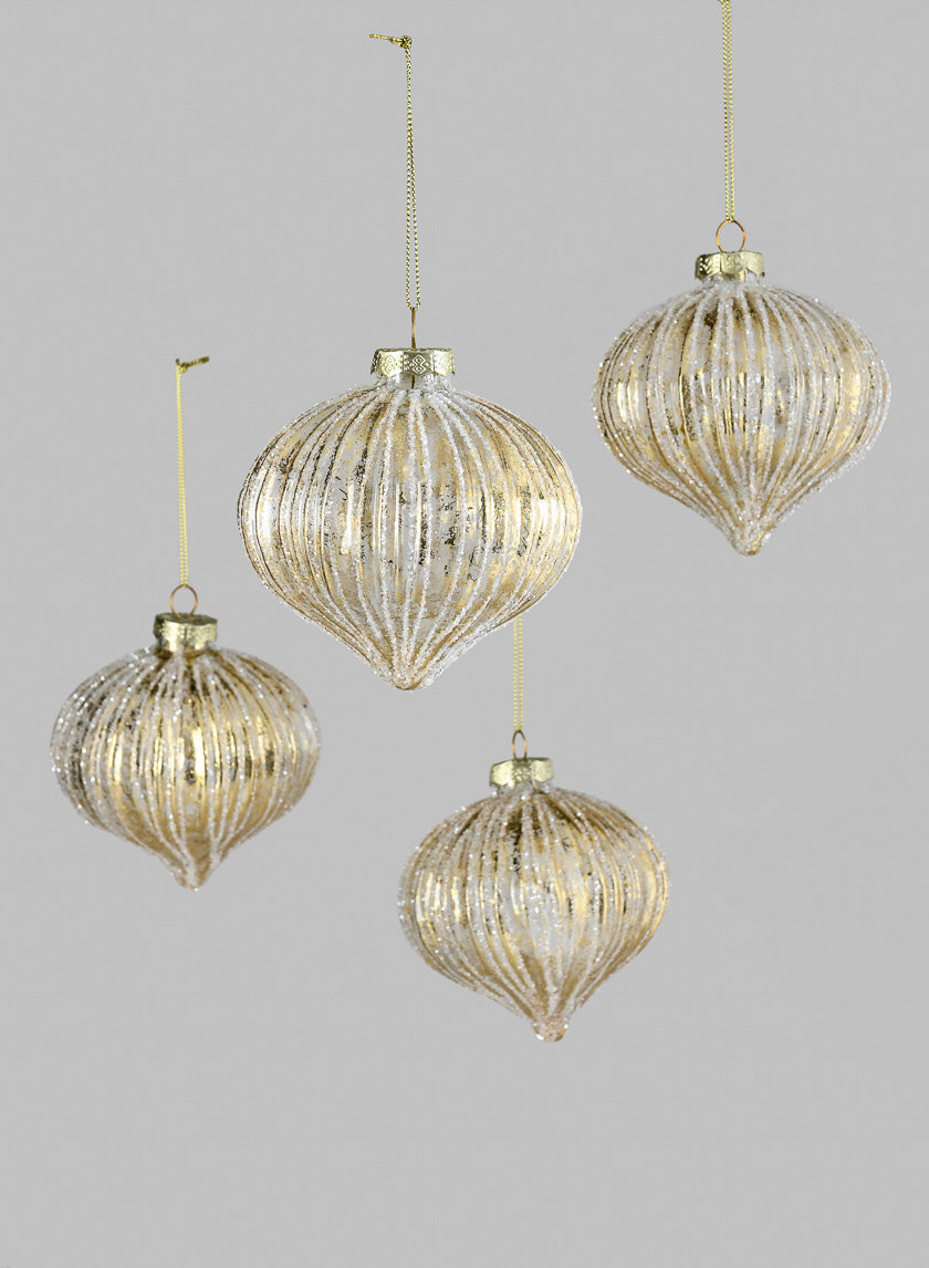 4in Gold Foil &amp; Glitter Stripe Glass Ornament Onion