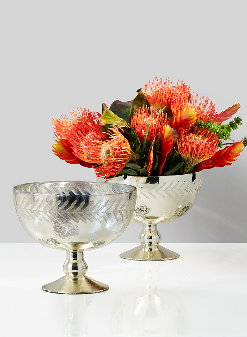 7 1/2in Etched Leaf Vintage Mercury Glass Bowl