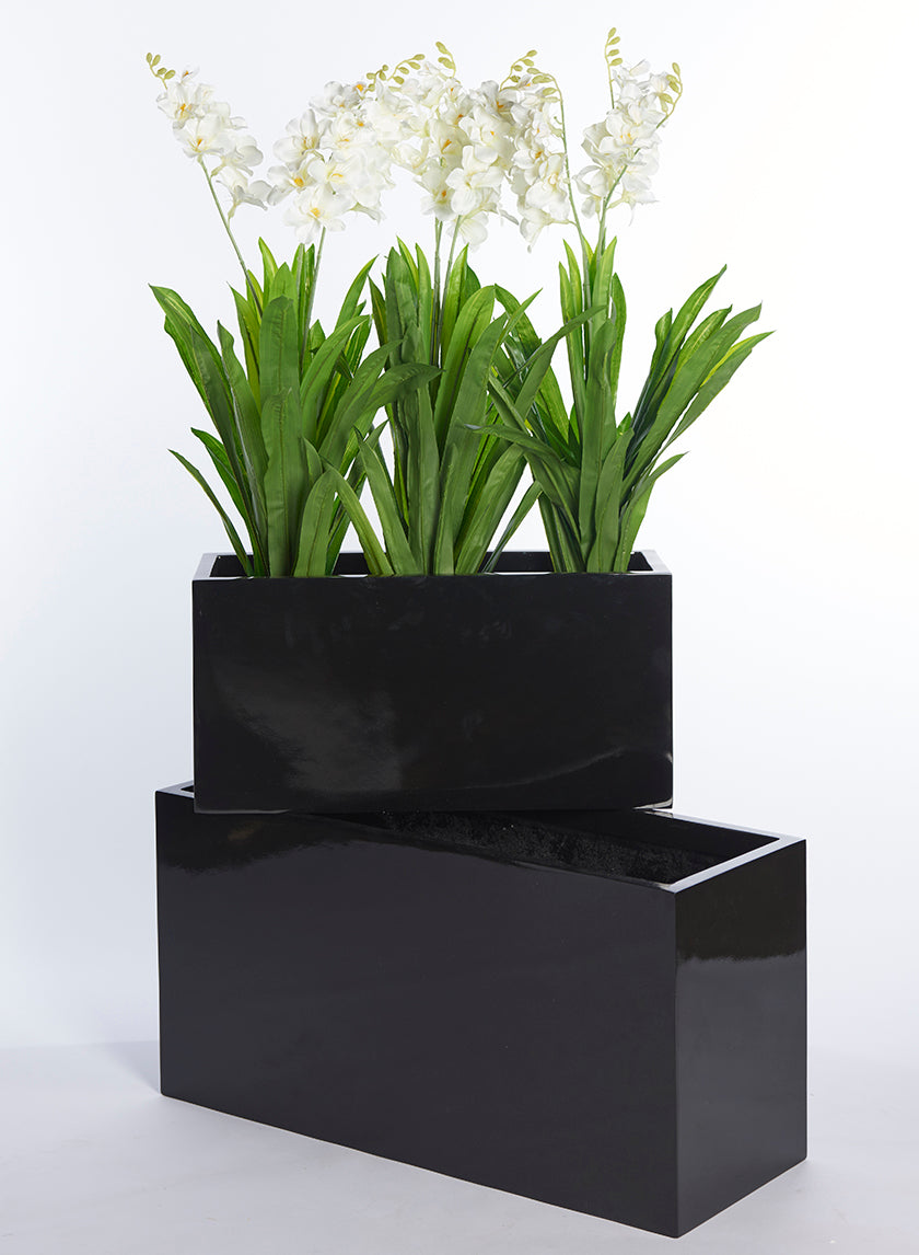 23 1/2in &amp; 31 1/12in Glossy Black Rectangular Light Fiberstone Planter