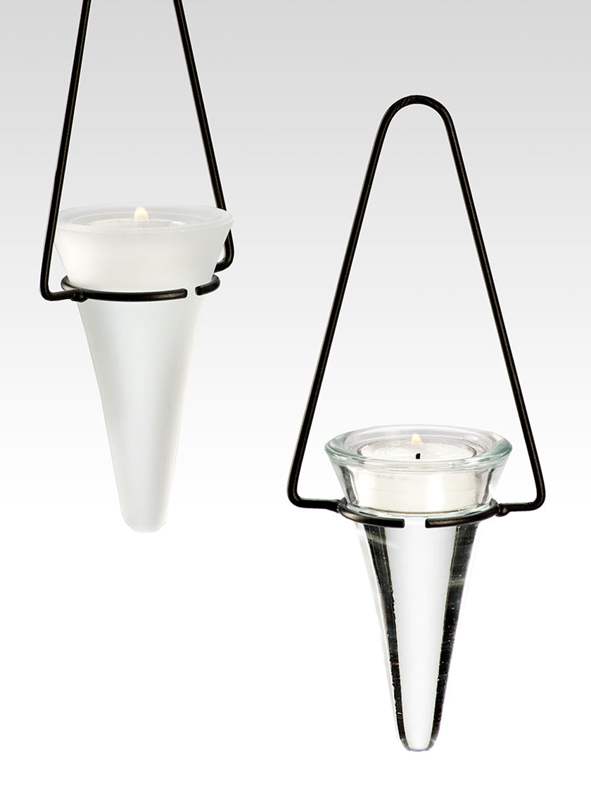 Hanging Clear &amp; Frost Glass Cone Tea Light Holders 